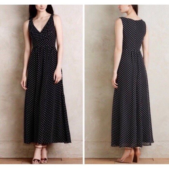 Anthropologie Eva Franco Black Clip Dot V Neck Maxi Dress Size 2 - Picture 1 of 9
